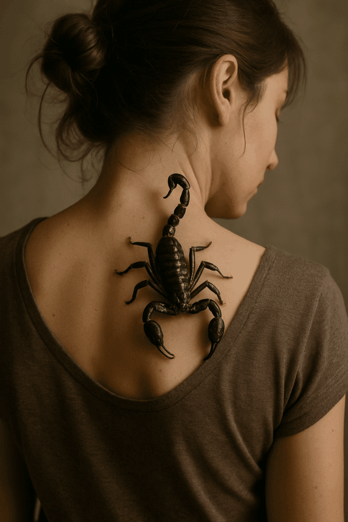 A scorpion about to sting a woman in the back.