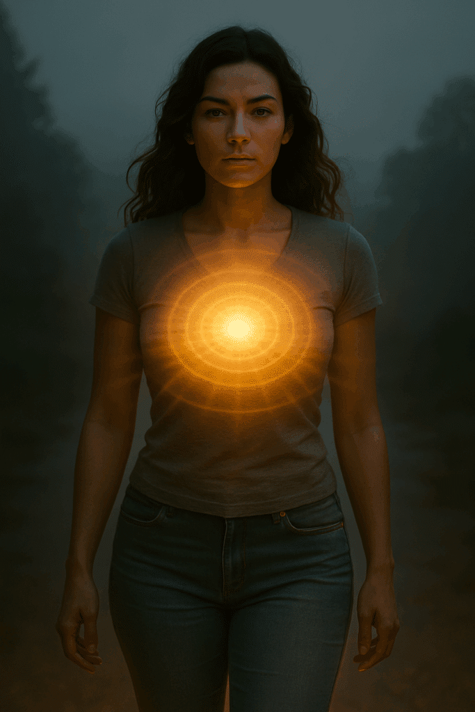 A woman with glowing energy radiating from her chest.
