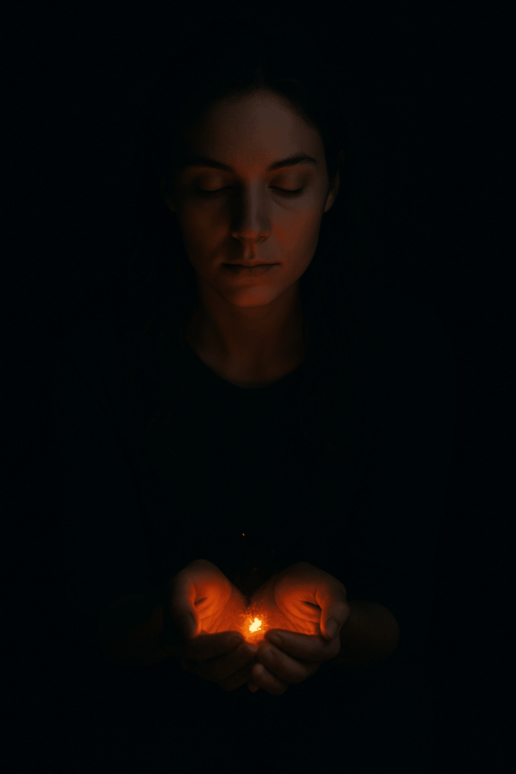 A woman holding an ember in her hands.
