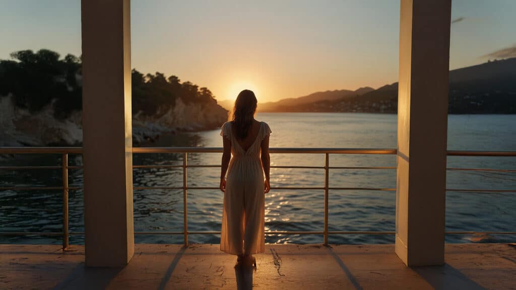 Woman on a balcony watching the sunrise over the water.