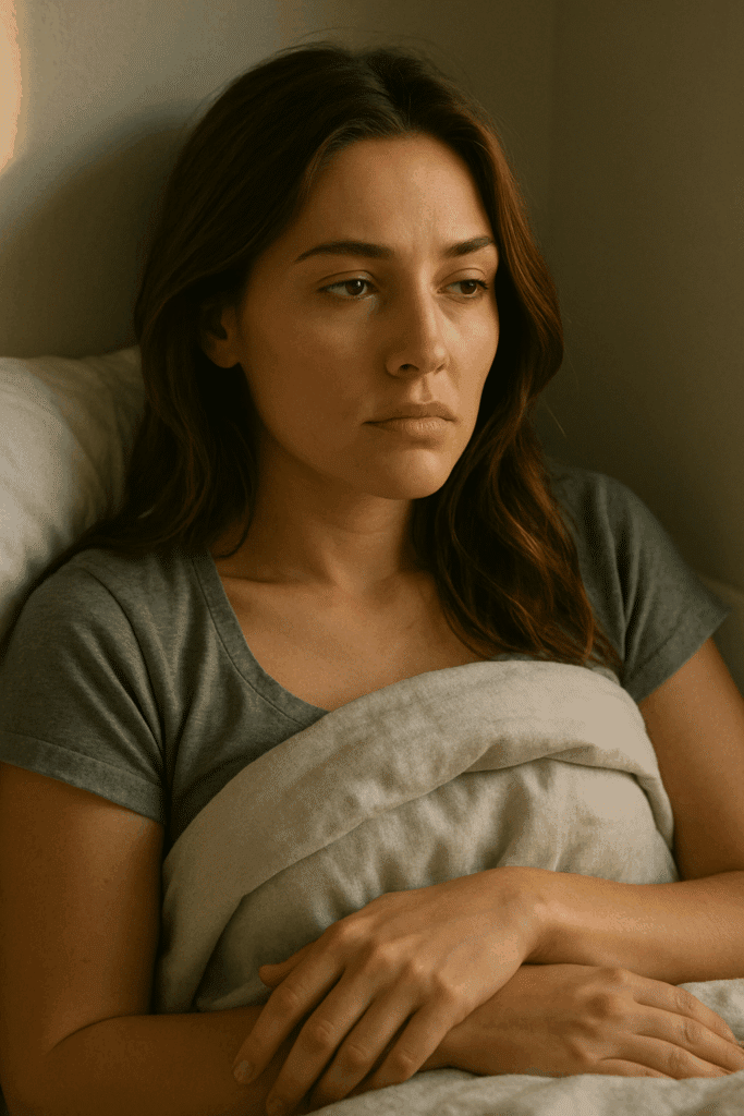 A woman waking up with that quiet ache.