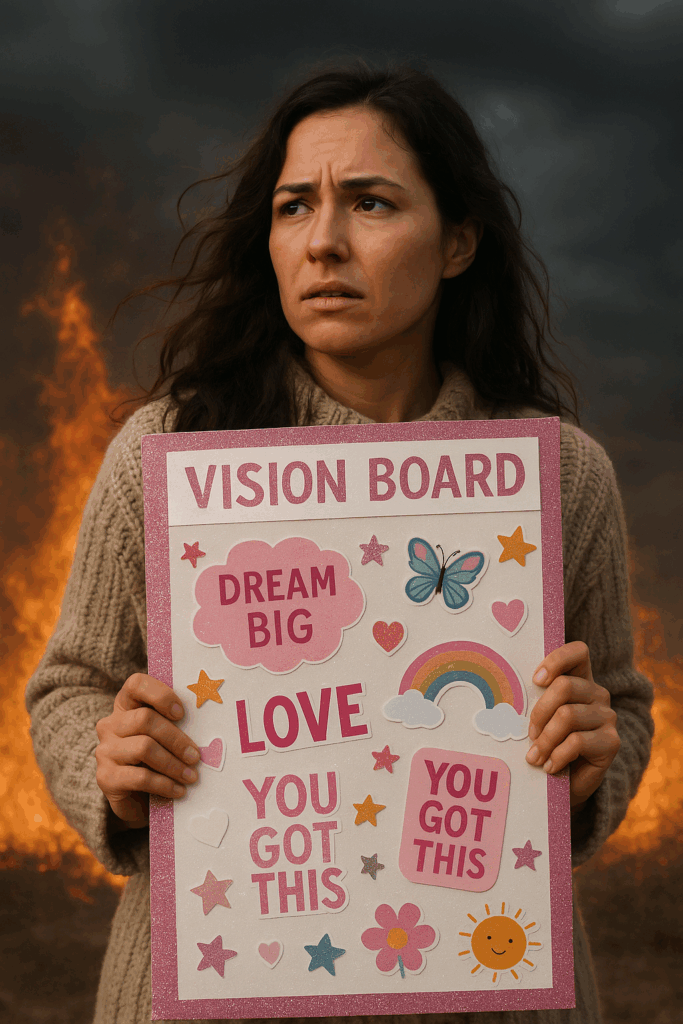 A woman clutching her vision board in fear while chaos reigns around her.