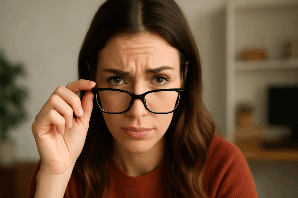 A woman looking over her glasses skeptically.