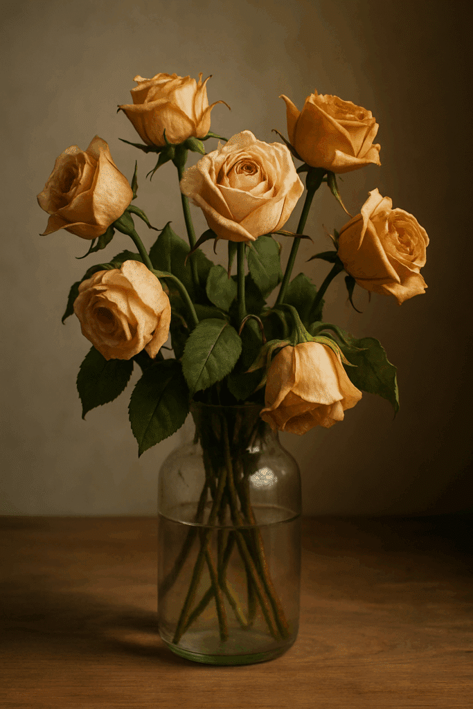 A vase of wilting flowers.