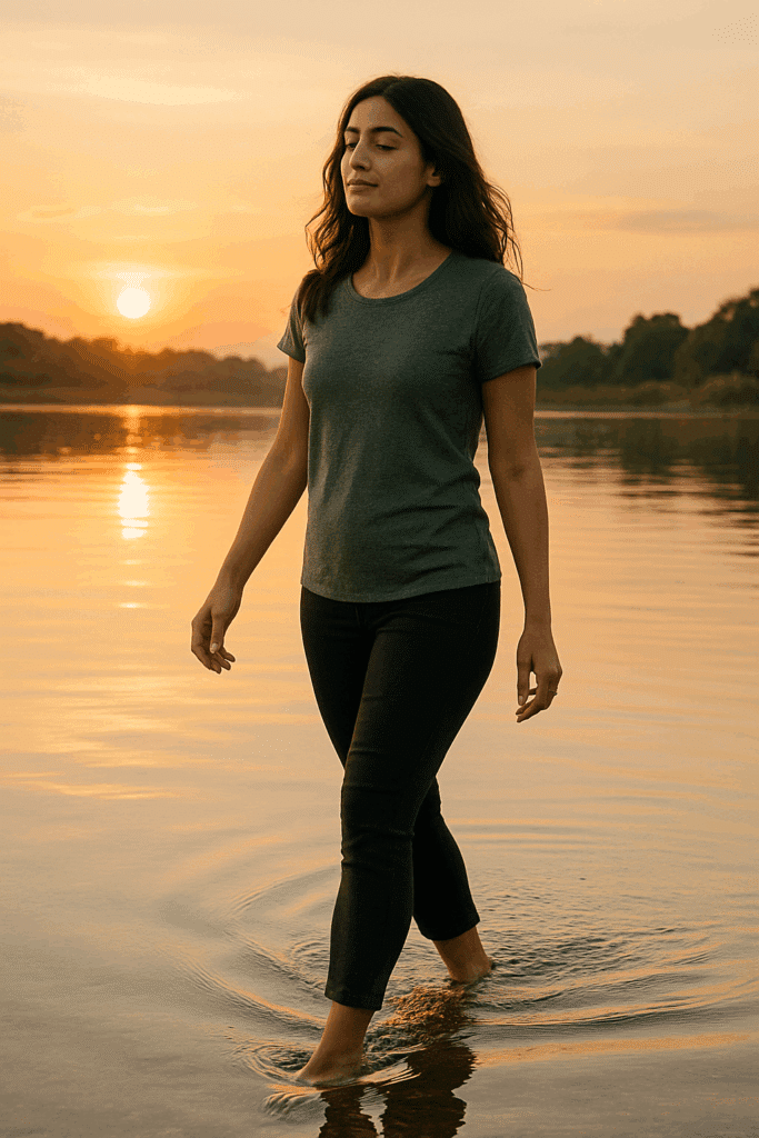 A woman walking in shallow water at sunset.
