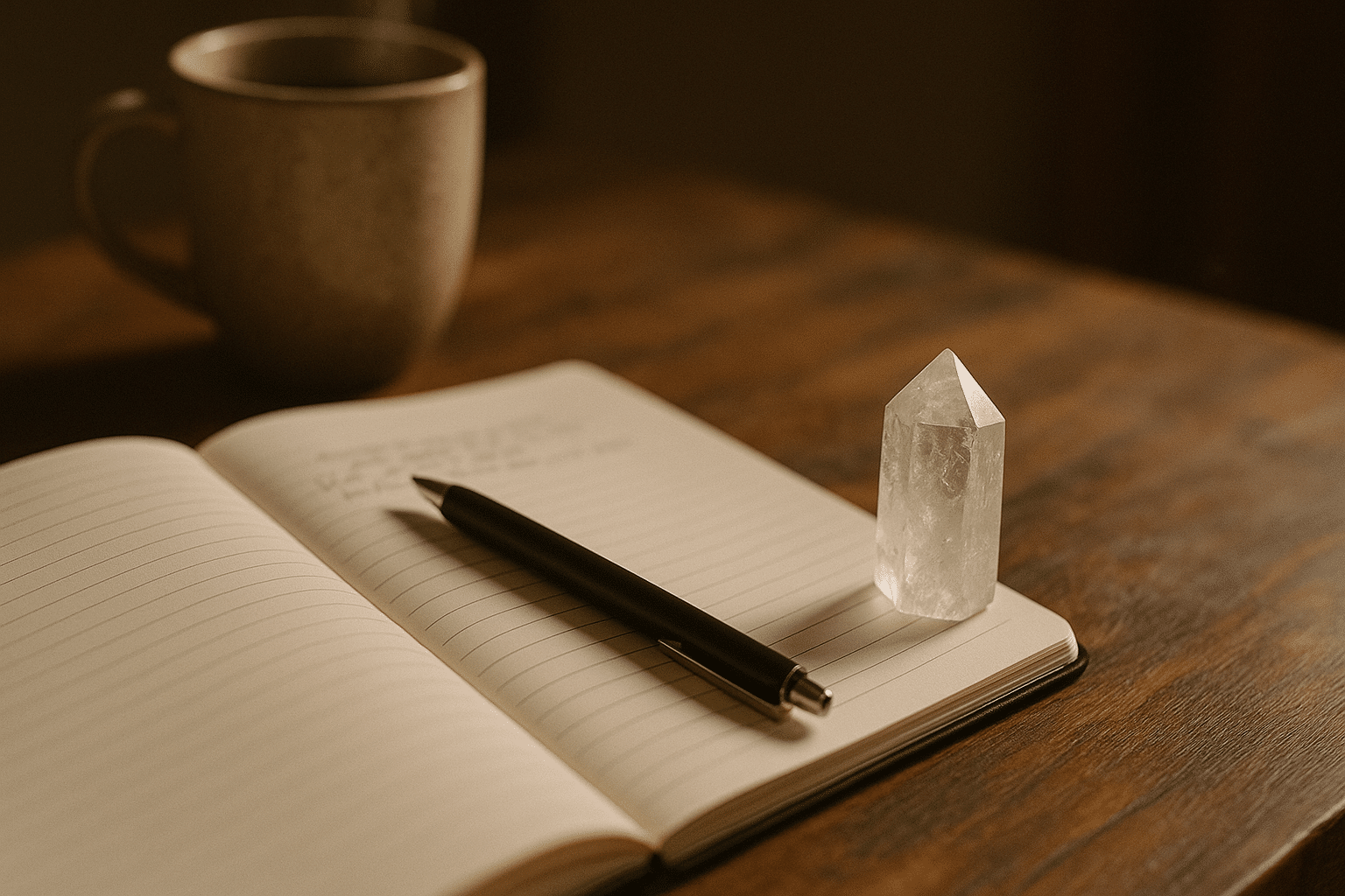 An open notebook with a clear quartz point.