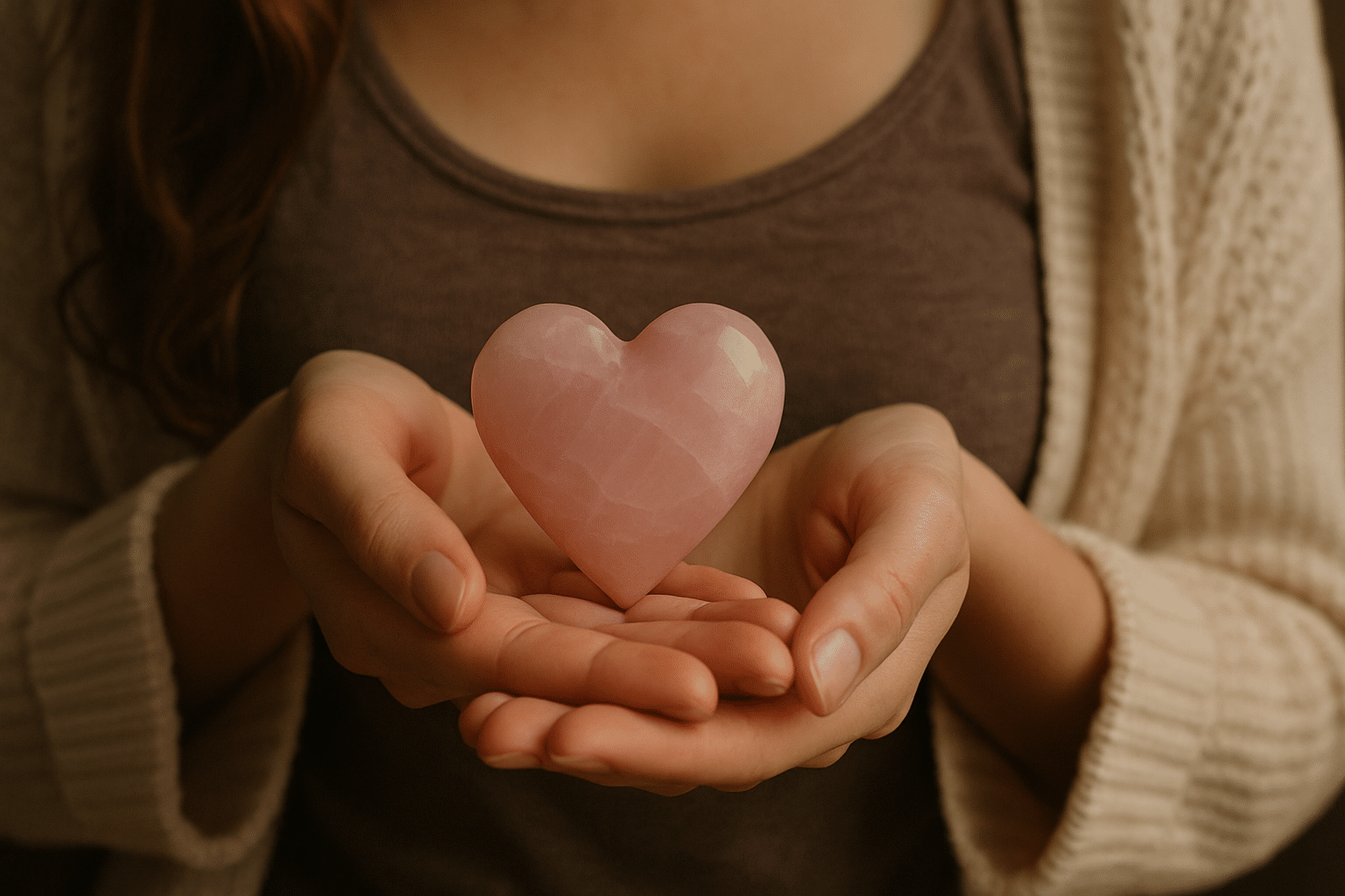 Woman holding a rose quartz crystal heart.