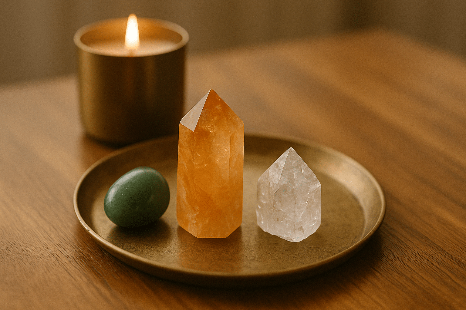 Manifestation crystals and a candle.
