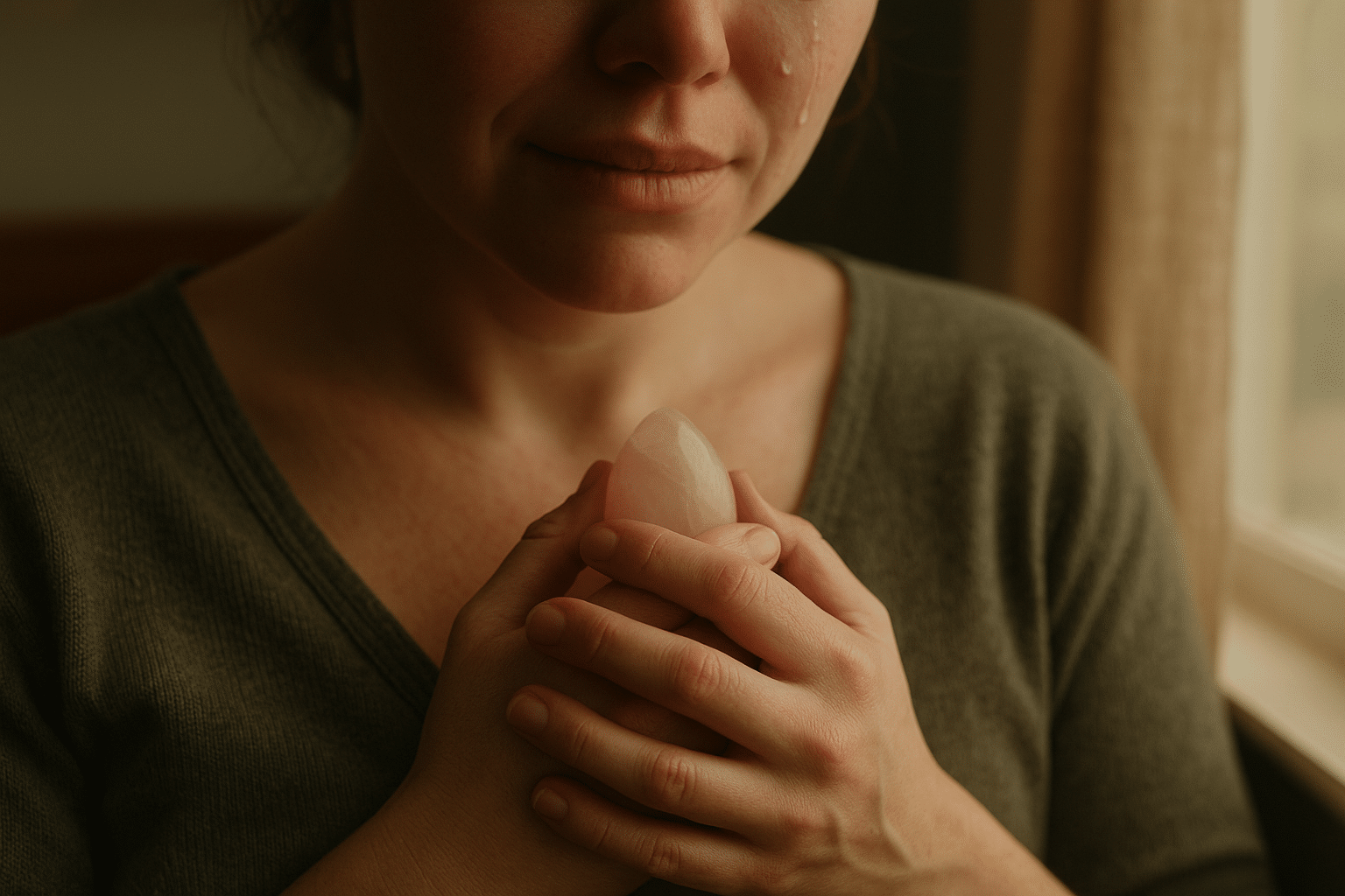 Woman holding rose quartz to her heart as she's grieving.