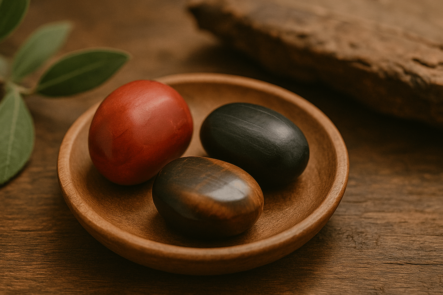 Strong grounding crystals in a wooden bowl.