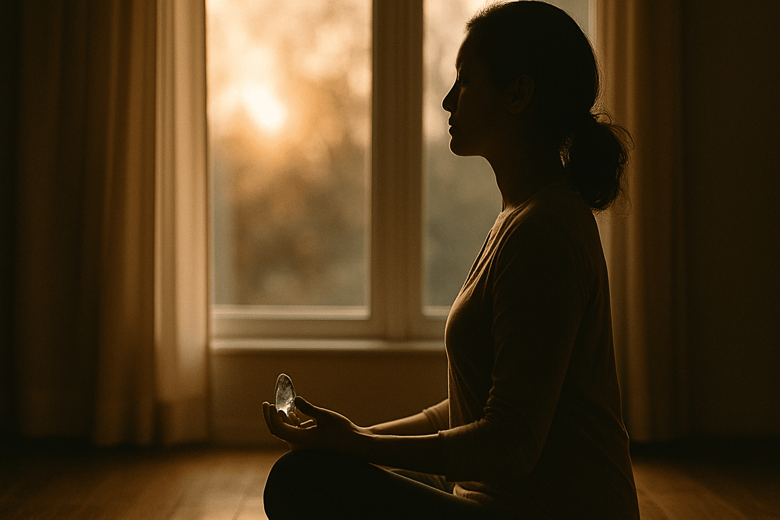 A woman meditating with a crystal