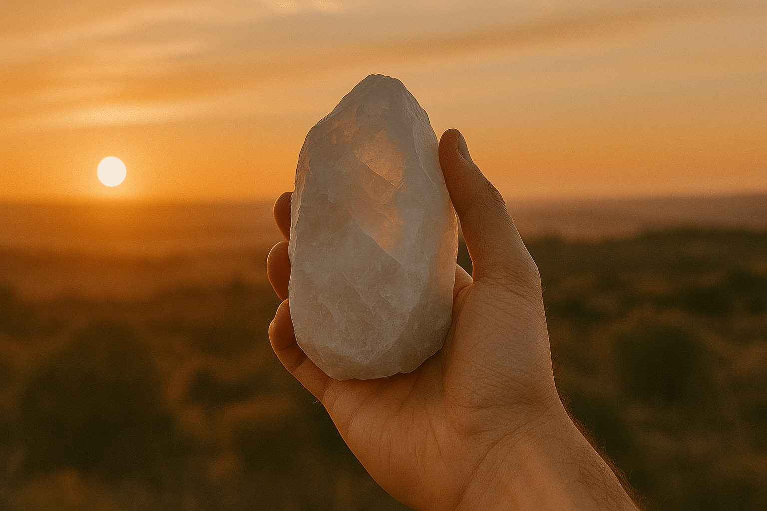 A man's hand holding a crystal up at sunrise.