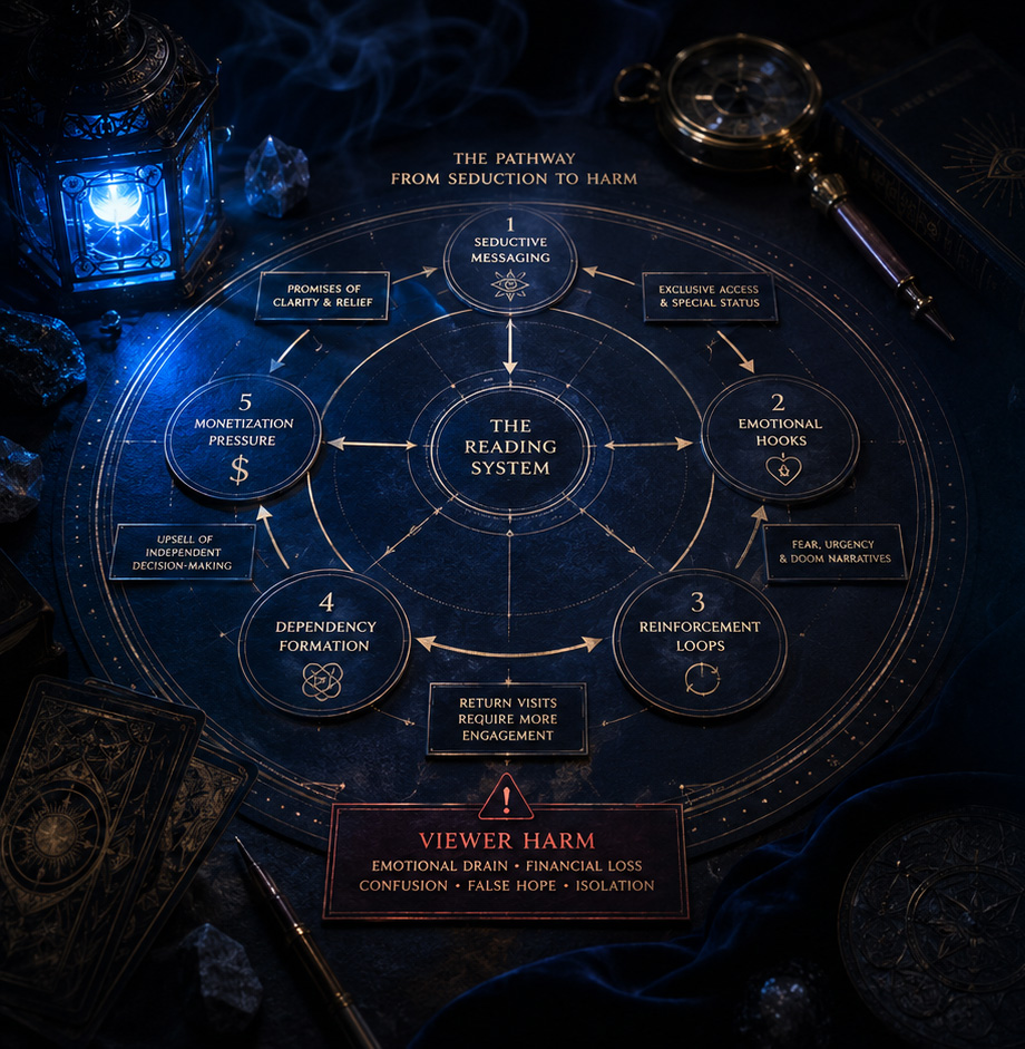 The harmful tarot reader review process map.