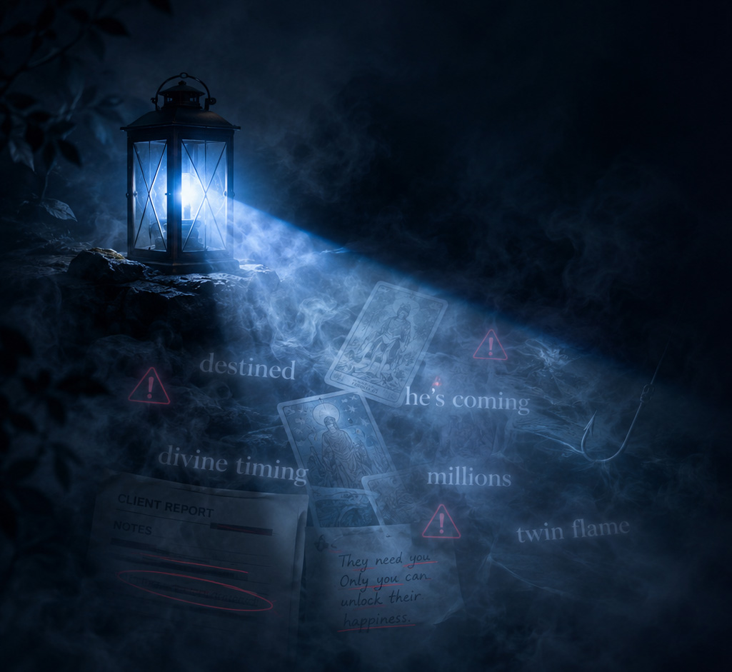 A lantern in the dark shining light on manipulative emotional hooks in online tarot readings.